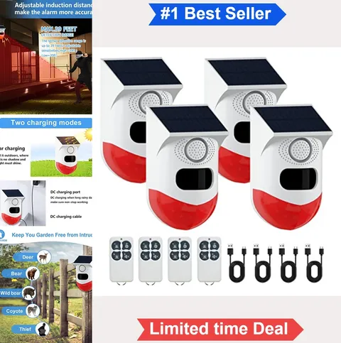 Solar Motion Sensor Alarm 130dB IP67 Waterproof 4 Pack Strobe Light Siren