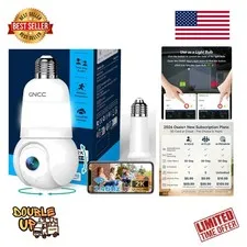 Plug-and-Play 2K Light Bulb Security Camera - Full Color Night Vision, 360° Pan