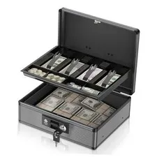 Locking Cash Box with Money Tray and Key, Secure Money Safe Extra Large Black