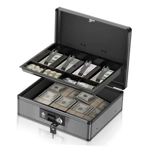Locking Cash Box with Money Tray and Key, Secure Money Safe Extra Large Black