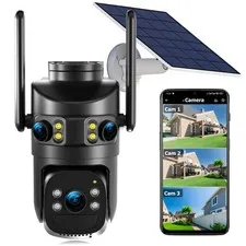 Triple-Lens Solar Security Cameras Wireless Outdoor, 2.4G/5G WiFi, 360° View ...