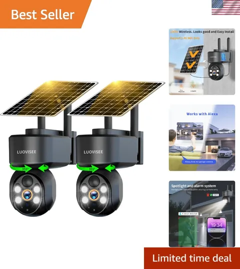 Solar Powered Wireless WiFi Security Camera 2-Pack with 360° PTZ & AI Detection