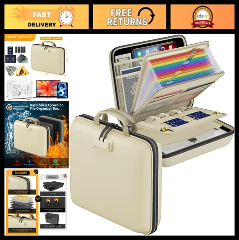 Fireproof Document Organizer with Lock - Portable Hard-Shell File Box & 13 Pocke