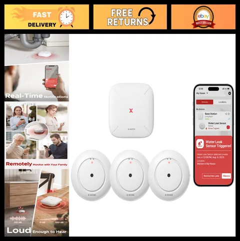 Smart Wi-Fi Water Leak Detector Alarm - 1700ft Range, 3 Sensors & Base Station