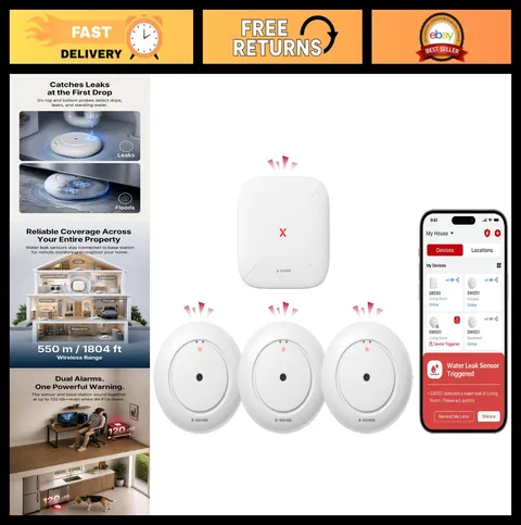 Wi-Fi Water Leak Detector Kit with 120 dB Alarm, 3 Sensors & Base, Smart Home Al