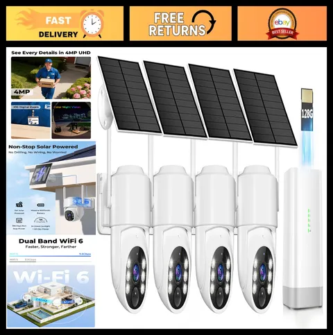 Wireless 4MP Outdoor Security Cameras, 128GB Local Storage, Solar Powered, 360°