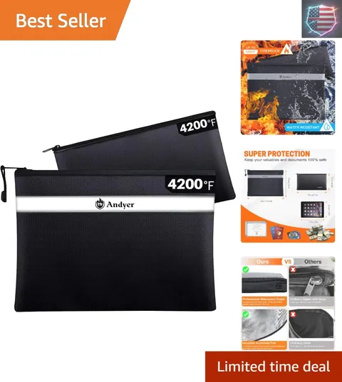 Fireproof Document Bag with Money Bag - 2 Pack 13.4" x 10" and 11" x 6" Water...