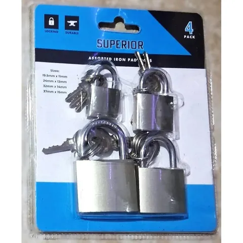 Superior 4-Pack Assorted Iron Padlocks – 4 Sizes, Silver (3 Keys Per Lock)