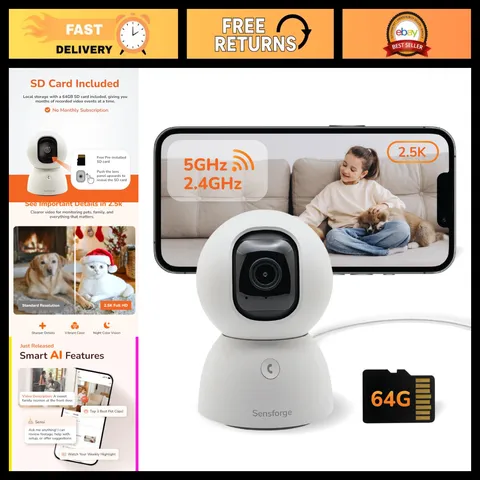 2.5K Indoor Pan-Tilt Security Camera, 360° Wi-Fi, AI Human & Pet Detection, 64GB