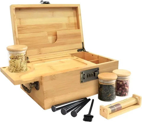 Bamboo Box with Combination Lock, Decorative Box with Handle, Large Storage Stas