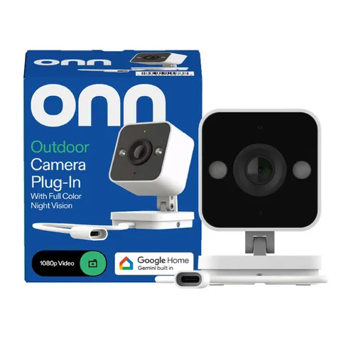 onn Outdoor Camera Plug-In, 1080p HDR Video, with Google Home and Gemini