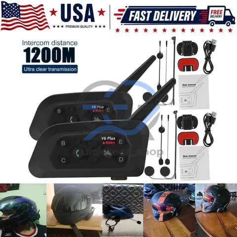 2x V6 Pro Motorcycle Helmet Intercom Bluetooth Headset 6 Riders 1200m Interphone