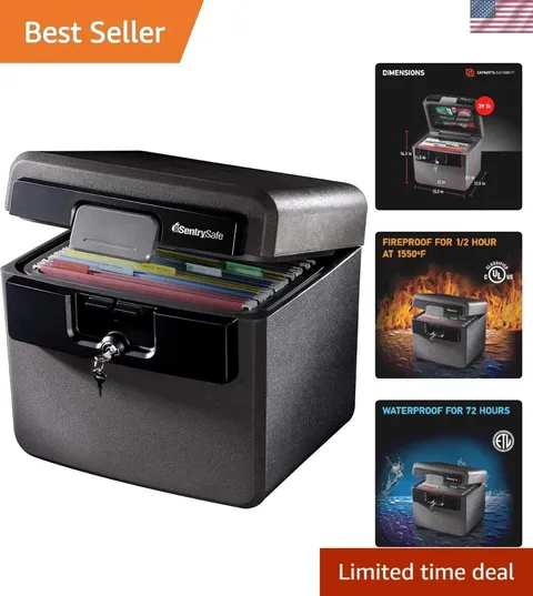 Protect Your Valuables with Black Fireproof and Waterproof Safe - 14.3x15.5x13.5