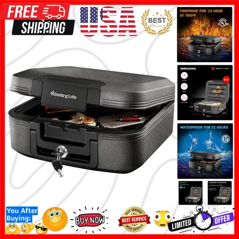 Charcoal Gray Fireproof and Waterproof Safe Box with Key Lock, Portable Chest...