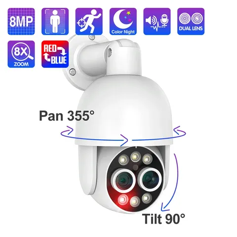 Techage 4K 8MP PTZ POE Security Camera Dual Lens 8X Zoom Two-Way Audio