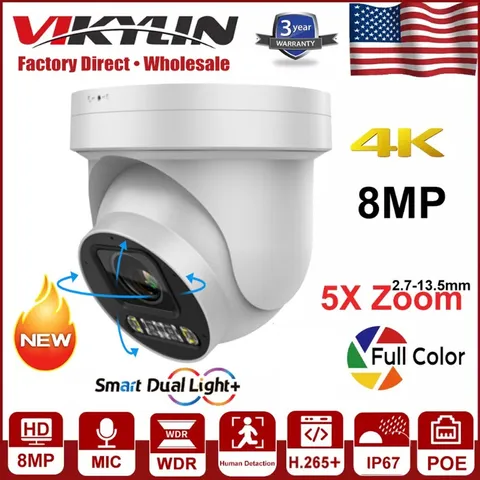 Vikylin 4k 8MP 5X Zoom PTZ POE IP Camera Dual Light Human Vehicle Detection US