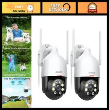 2K Outdoor WiFi Security Camera Kit, Plug-in Pan-Tilt Dome, 2 Cameras, Night Vis