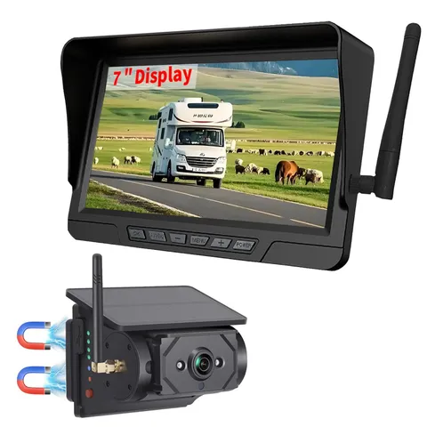 Magnetic Solar Wireless Backup Camera 7 inch Monitor DVR Looping HD Black