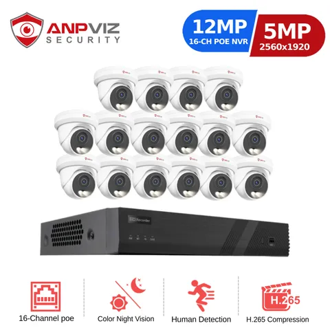 Anpviz 12MP 16 CH NVR 5MP POE Security Camera System 100ft Color Night Vision AI