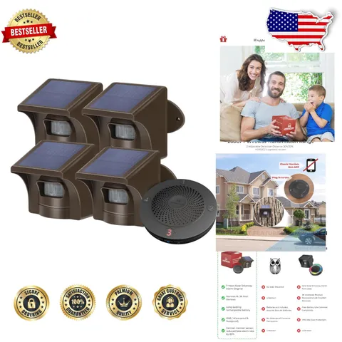 Solar Driveway Alarm 1/2 Mile Range, 4 Weatherproof Outdoor Motion Sensors