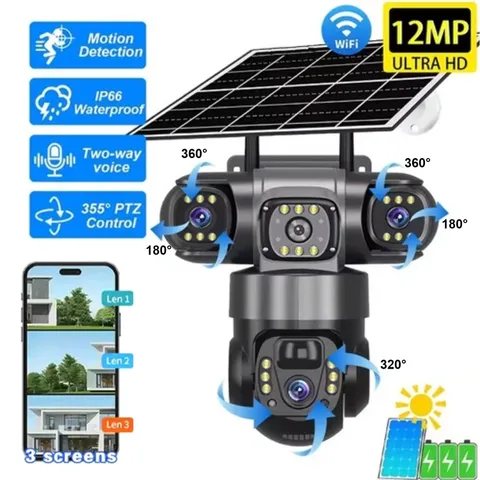 3 Lens 12MP Solar Battery Home Security Camera Outdoor Wifi Wireless PTZ CCTV US
