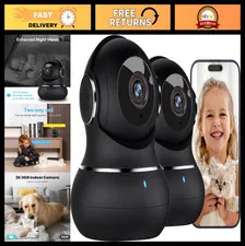 360° Indoor Security Camera 2-Pack - WiFi Pet/Baby Monitor, Motion Detection, Ni