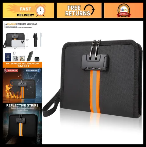 Fireproof Waterproof Money Bag with Lock & Zipper for Cash, Phones, Keys, Cards