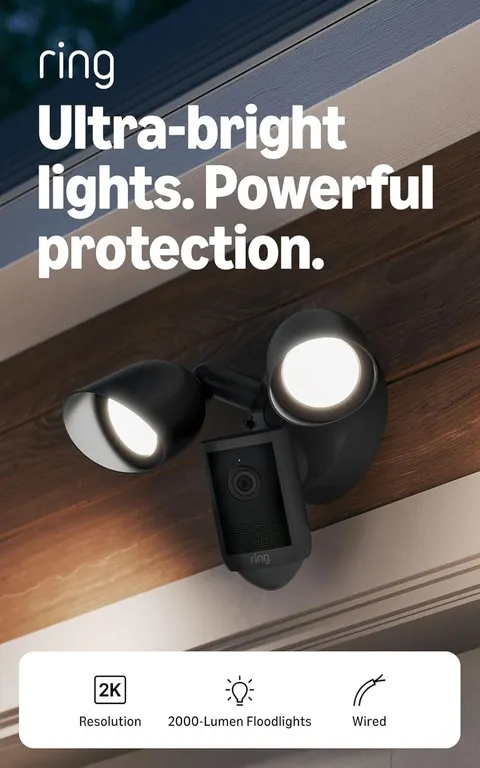Ring Floodlight Cam Wired 2K Video 6x Zoom Ultra-Bright Exterior Security Black