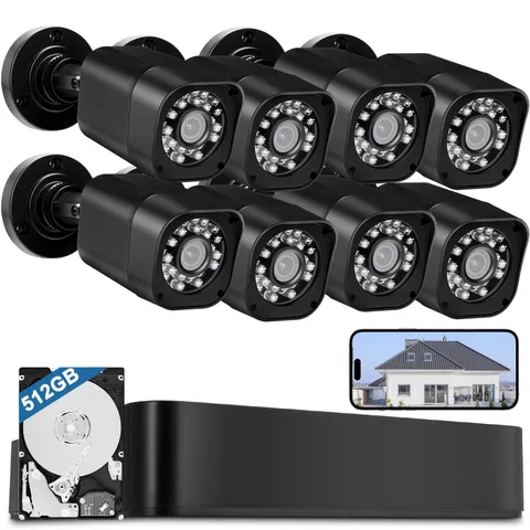 ;8CH 1080P Wired Security Camera System 8 Outdoor Cameras 512GB HDD