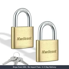 Kwikset Brass Padlock with Hardened Steel Shackle, Indoor Outdoor Cabinet and St