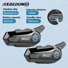 Kebidumei Motorcycle Helmet Bluetooth Intercom V5.3 1000M Waterproof Headset