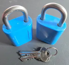 2 off 40mm Padlocks with Blue Plastic Cover with 2 Keys - Marine Alloy shackle