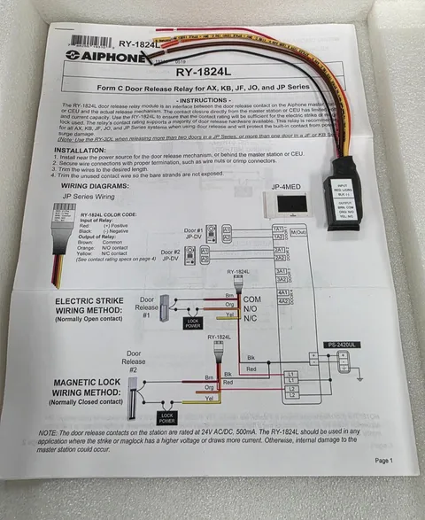 RY-1824L Aiphone FORM C RELAY Door Release KB, JF, JO and JP Series**BRAND NEW**