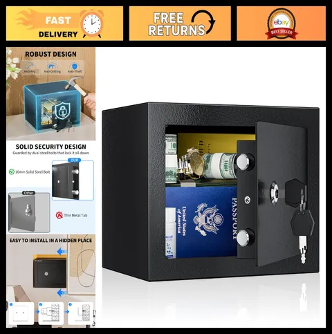 Small Safe Box - Key Lock Steel Security Safe for Home/Office/Hotel, 0.23 Cu Ft,