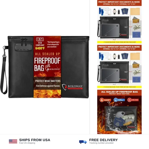 Fireproof Document Bag (14.5 x 11.5 inch), 6400℉ Fireproof Money Bag with Zip...