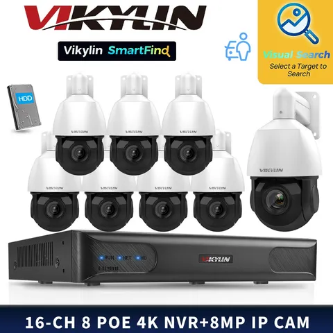 VIKYLIN SmartFind 8POE 16CH NVR 8MP IP Camera Systems 25XZoom Auto Tracking Lot