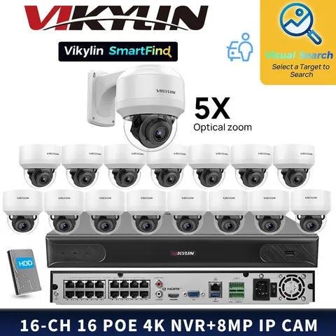 VIKYLIN SmartFind 16POE 16CH NVR 5× Zoom  Network 8MP IP Camera Systems Lot