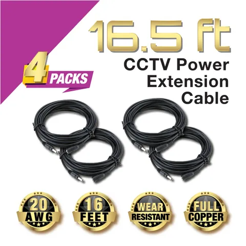 5M DC 12V Power Extension Cable Cord For CCTV Security Camera DVR 4 Packs