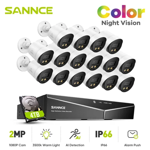 SANNCE 1080P Full Color Night Home Security Camera System 16CH 5IN1 DVR Outdoor