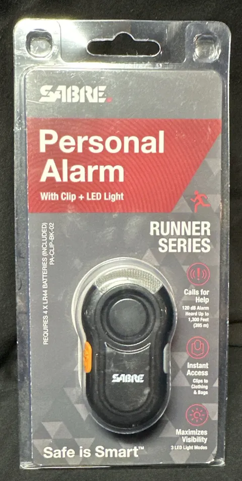 Sabre Personal Alarm With Clip And LED Safety Light Runner Series Calls For Help