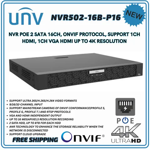 UNV Uniview NVR502-16B-P16 16Ch AI NVR H.265 UPTO 16MP/4K  NVR 16xPOE ONVIF