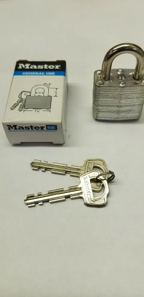 Master Padlocks 105 keyed different 1-1/8" wide 3/16" shackle steel laminated 