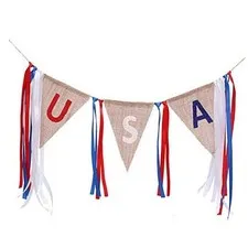 4th of July Decoration USA Burlap Banner with Tassels, US Blue,Red,White