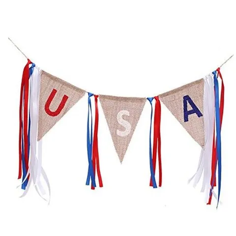 4th of July Decoration USA Burlap Banner with Tassels, US Blue,Red,White