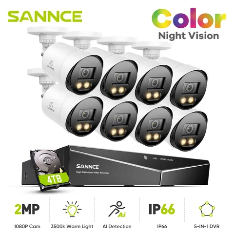 SANNCE 5in1 8CH 5MP DVR HD 1080P Full Color Night Vision Security Camera System