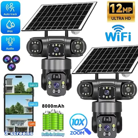 3 Lens 12MP Solar Battery Home Security Camera Outdoor Wifi Wireless PTZ CCTV US