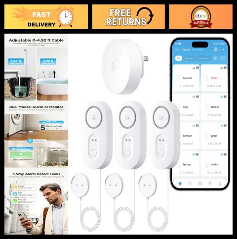 Smart Water Leak Detector 3 Pack with WiFi, SMS Alerts, 5Yr Battery, IP66 - Home