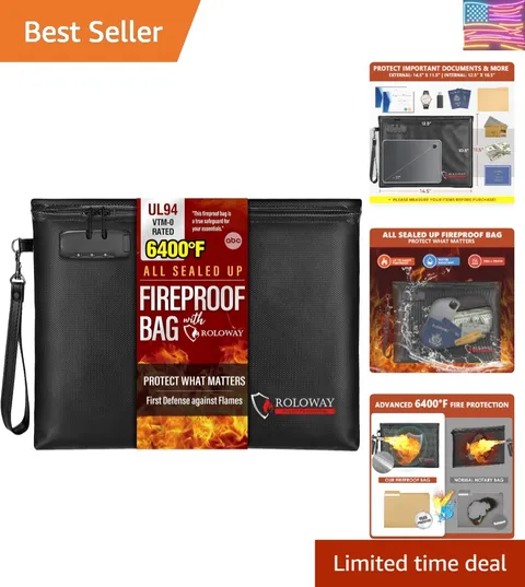 Fireproof Document Bag 14.5 x 11.5 inch, 6400℉ Fireproof Money Bag with Zippe...