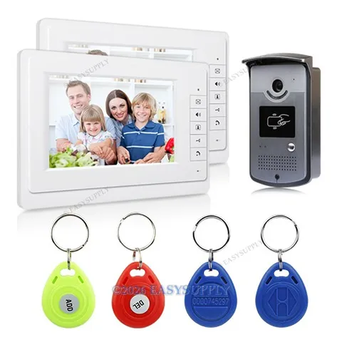 4-Wire Video Door Phone Kit Outdoor 1X Camera With RFID 2X 7" LCD Color Monitor