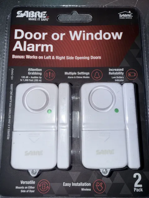 🔥SABRE Home Series DOOR or WINDOW ALARMS 120 dB Siren/Chime Sound 2 Pack" NEW "